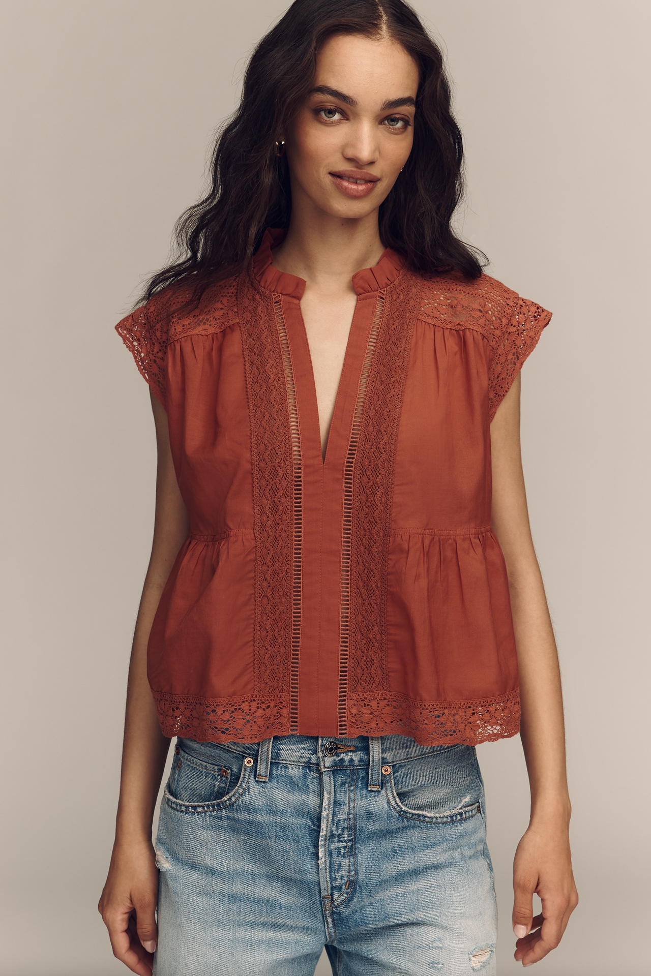 By Anthropologie Short-Sleeve Lace-Trim Swing Blouse