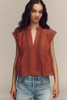 Blusa Holgada de Manga Corta con Ribete de Encaje By Anthropologie