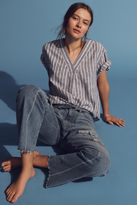 PILCRO LINEN HENLEY SURF SHIRT TOP 