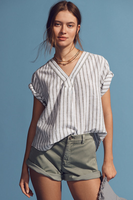 PILCRO LINEN HENLEY SURF SHIRT TOP 