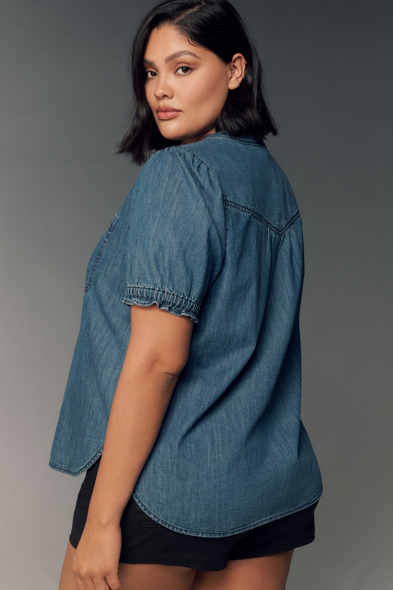 The Aly Denim Puff-Sleeve Blouse by Pilcro