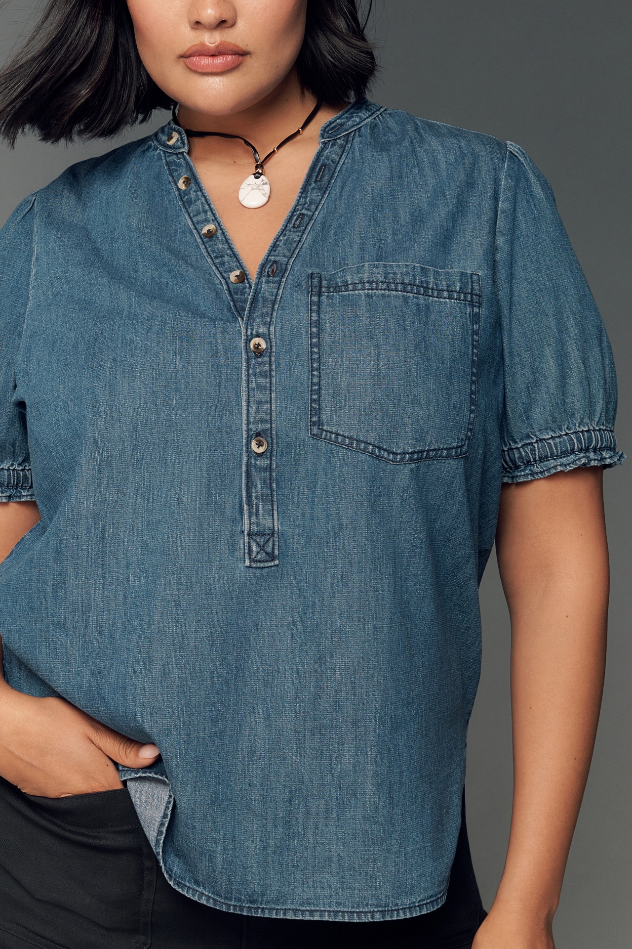 The Aly Denim Puff-Sleeve Blouse by Pilcro