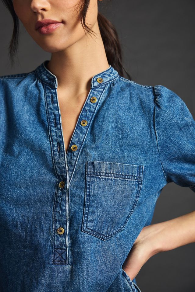 The Aly Denim Puff-Sleeve Blouse by Pilcro #2