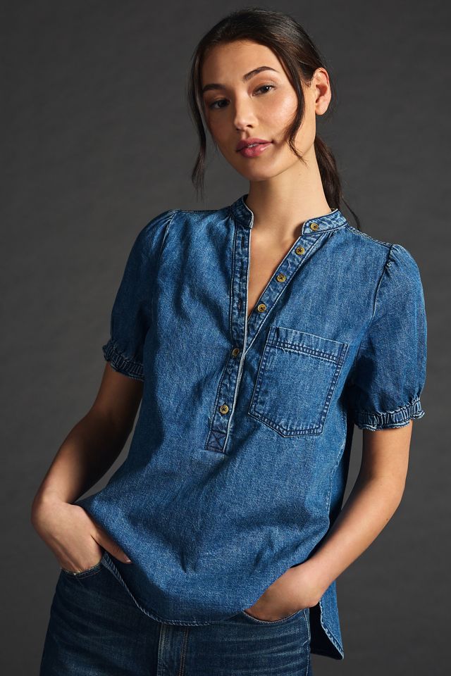 The Aly Denim Puff-Sleeve Blouse by Pilcro #4