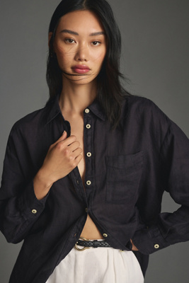 Maeve Linen Boyfriend Buttondown Shirt In Black