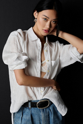 Maeve Linen Boyfriend Buttondown Shirt In White