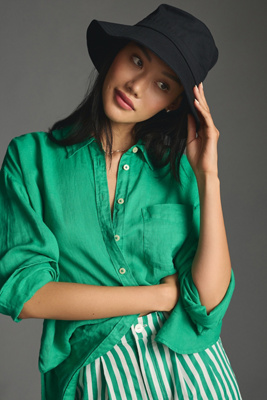 Maeve Linen Boyfriend Buttondown Shirt In Green