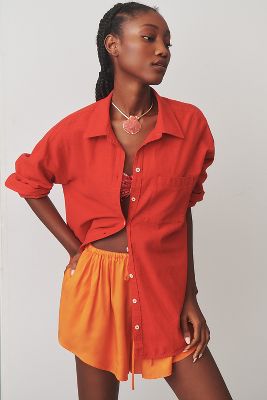 Shop Maeve The Bennet Buttondown Shirt By : Linen Edition In Red