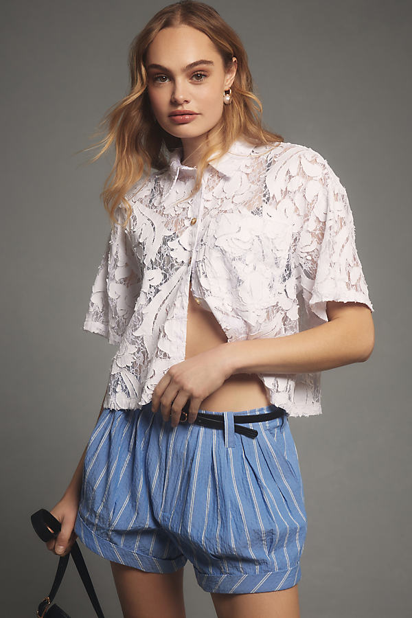 Pilcro Short-Sleeve Floral Lace Shirt