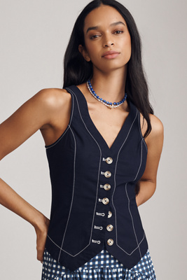 By Anthropologie Slim Button-front Vest In Blue