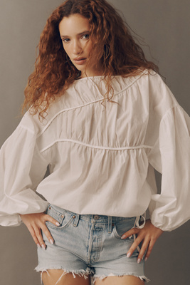 a.ren Tropez Shirred Linen Cotton Puff-Sleeve Blouse | Anthropologie