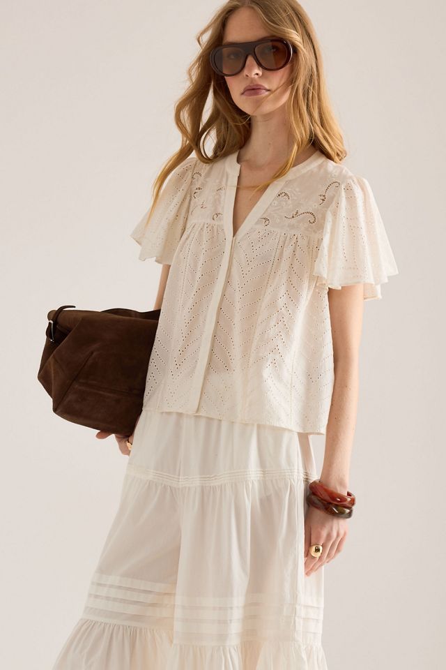 By Anthropologie Broderie Flutter-Sleeve Blouse  #3