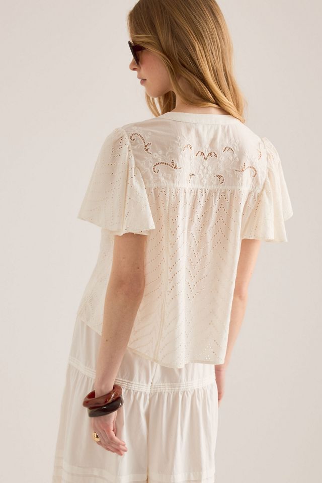 By Anthropologie Broderie Flutter-Sleeve Blouse  #4