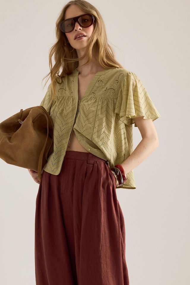 Blusa con Mangas de Aleteo de Bordado Inglés By Anthropologie #1
