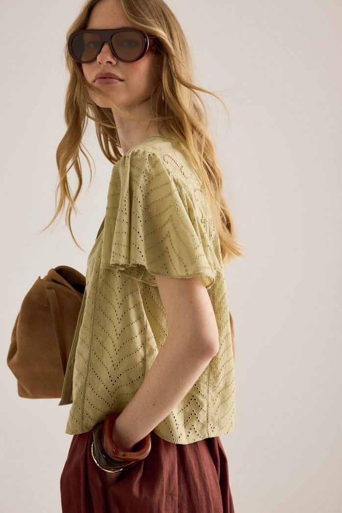 By Anthropologie Broderie Flutter-Sleeve Blouse