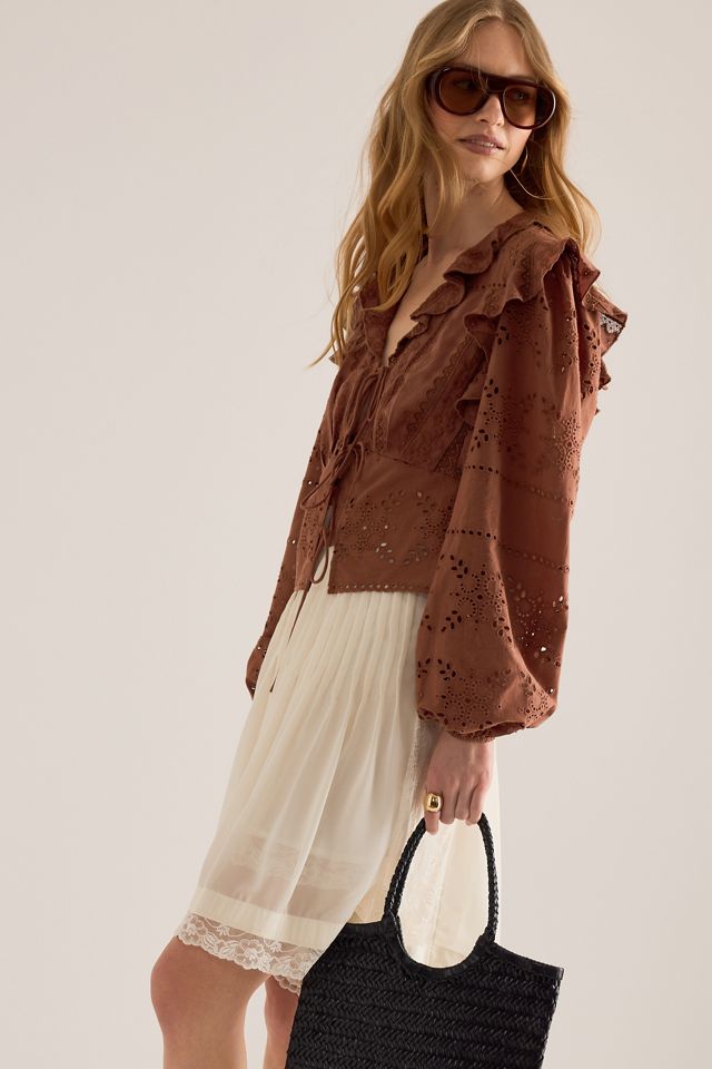 By Anthropologie Ruffle Embroidered Tie-Front Blouse #1