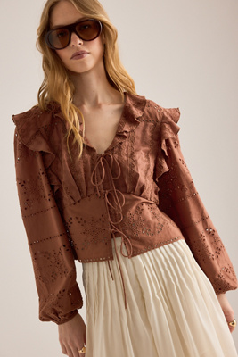 By Anthropologie Ruffle Embroidered Tie-Front Blouse
