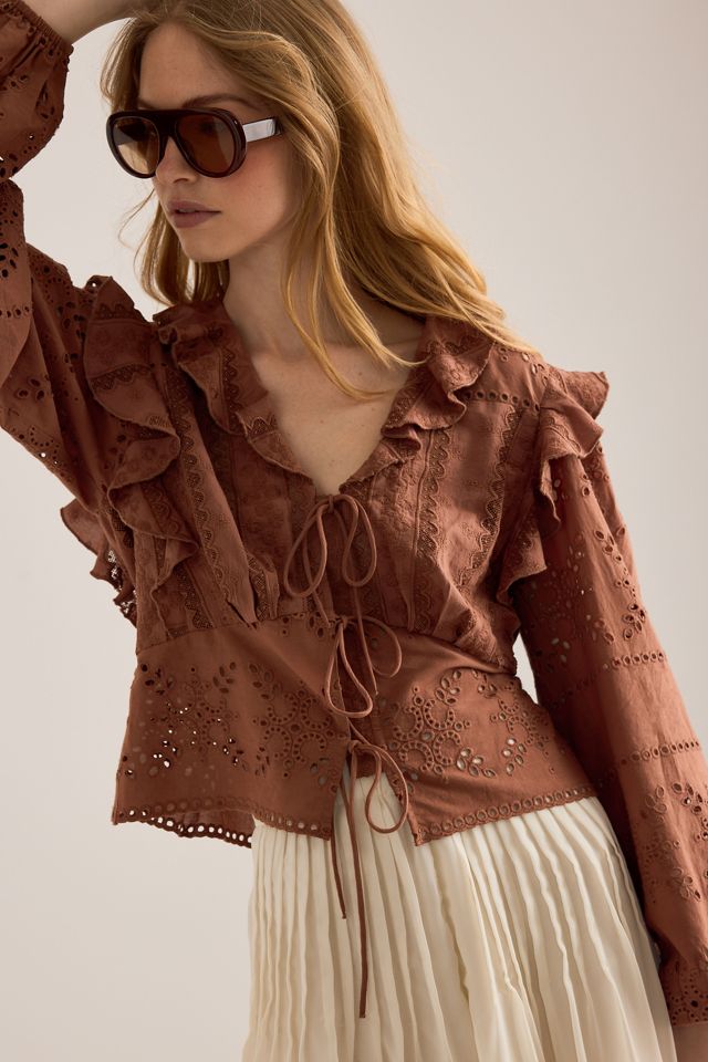 By Anthropologie Ruffle Embroidered Tie-Front Blouse #4