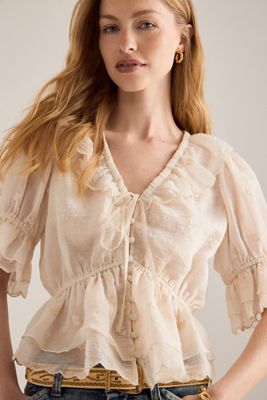 Camicetta By Anthropologie con Volant, Maniche a Sbuffo e Allacciatura Frontale