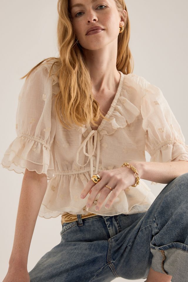 By Anthropologie Ruffle Puff-Sleeve Tie-Front Blouse #3
