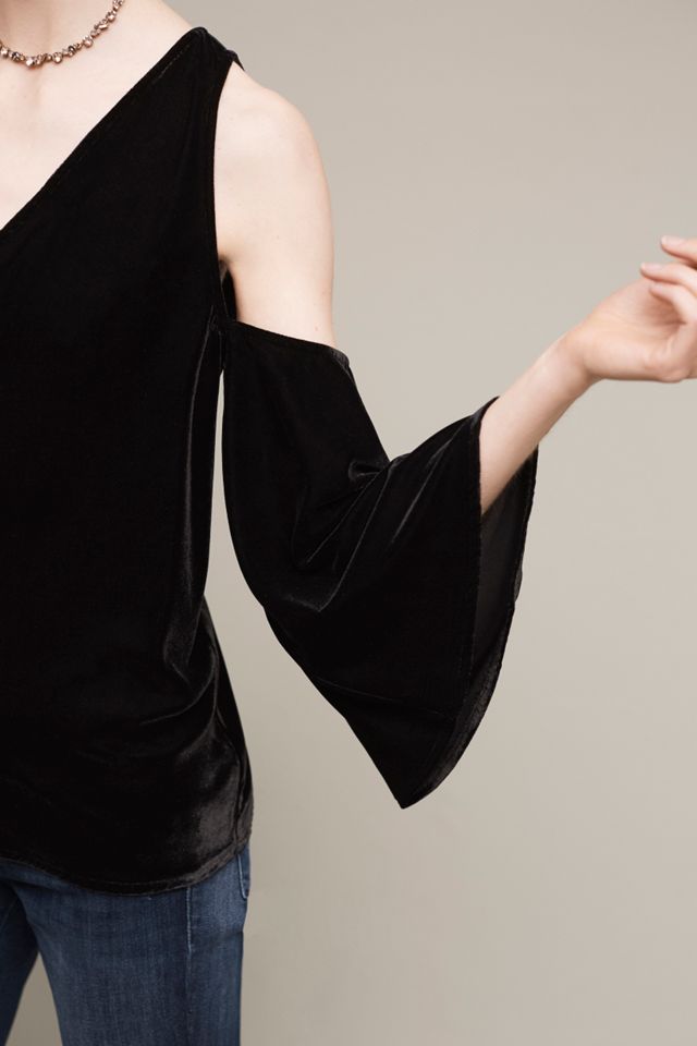 Velvet Open-Shoulder V-Neck Blouse #1