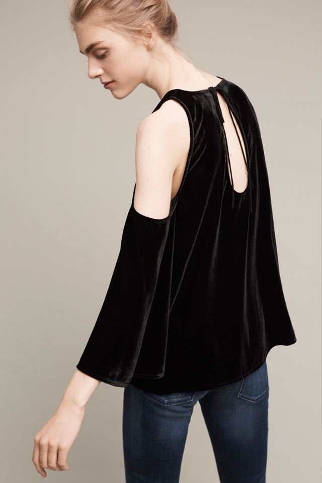 Velvet Open-Shoulder V-Neck Blouse #2
