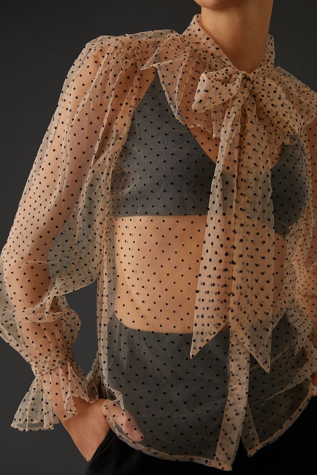 ローブブラン Sheer Polka Dot Ribbon Blouse Sheer Polka Dot Ribbon