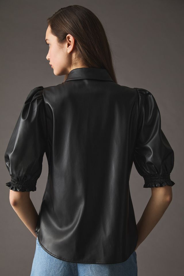 DOLAN Puff-Sleeve Faux Leather Blouse #1