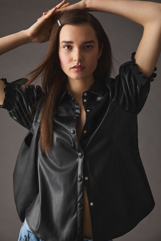 DOLAN Puff-Sleeve Faux Leather Blouse #2