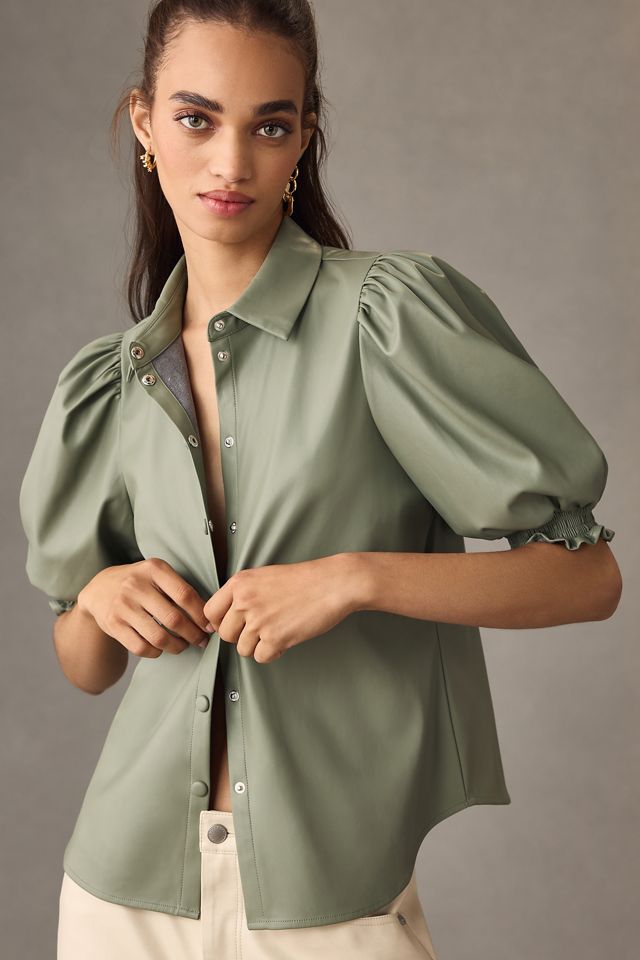 Bershka Faux Leather Blouse With Puffed Sleeves