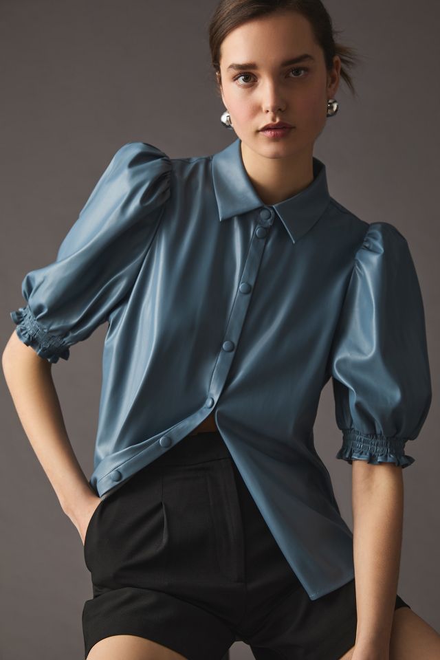 DOLAN Puff-Sleeve Faux Leather Blouse | Anthropologie UK