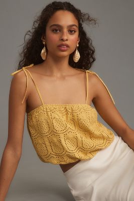 Shop Greylin Lucy Square-neck Eyelet Crop Top In Yellow