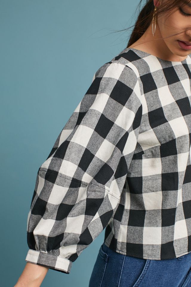 Gingham Balloon-Sleeve Blouse #1