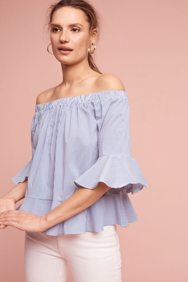 Pinstripe Off-The-Shoulder Blouse #1