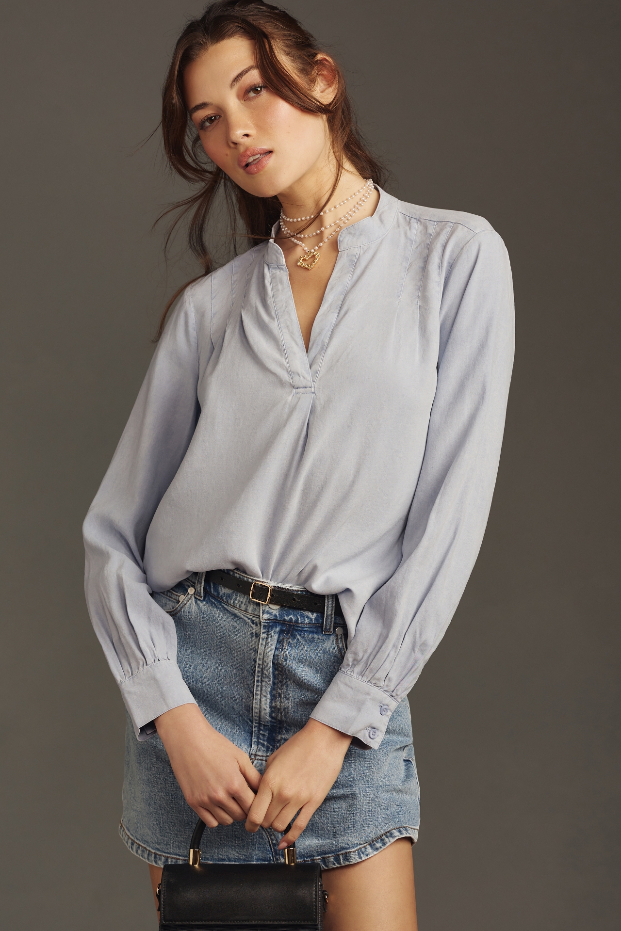 Cloth & Stone Long-Sleeve Henley Pleated Blouse