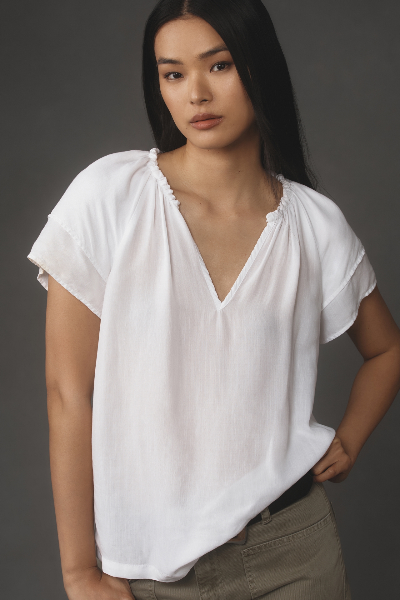 Cloth & Stone Short-Sleeve Ruffle-Neck Top