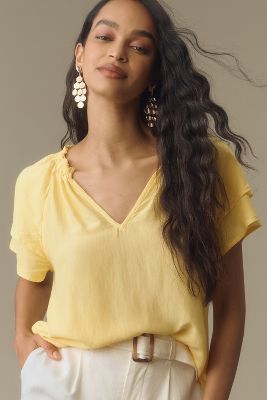 Cloth & Stone Short-sleeve Ruffle-neck Top In Yellow