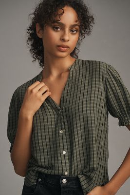 Shop Cloth & Stone Puff-sleeve Linen Buttondown Top In Green