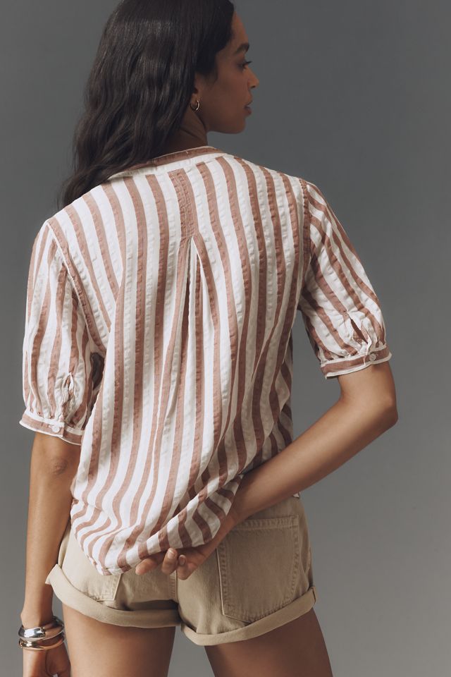 Cloth & Stone Linen Blend Short-Sleeve Half-Placket Striped Blouse #1