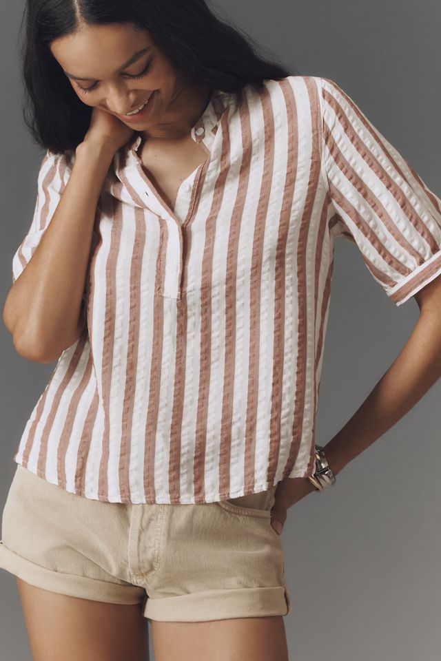 Cloth & Stone Linen Blend Short-Sleeve Half-Placket Striped Blouse #3
