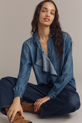 Cloth & Stone Ruffled Denim Buttondown Shirt In Blue