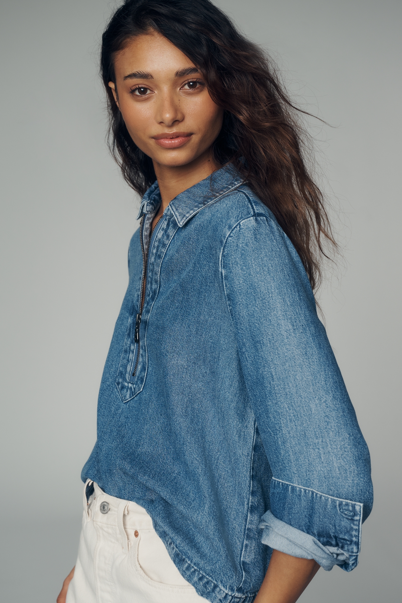 Cloth & Stone Zip-Front Denim Shirt