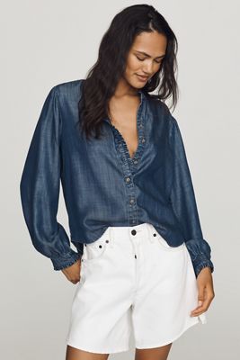 Cloth & Stone Ruffle-Collar Denim Buttondown Shirt