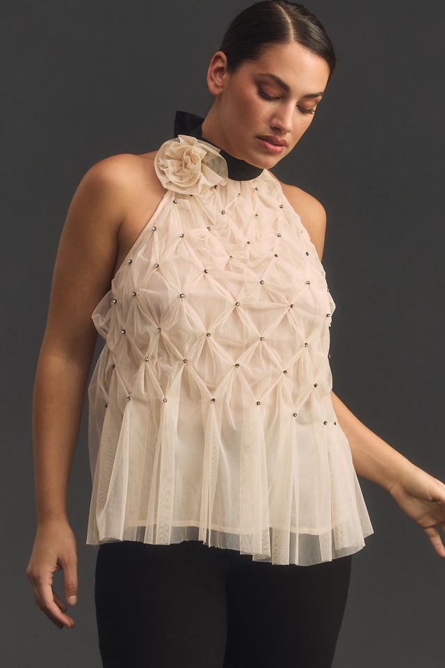 Maeve Sheer Rosette Smocked Blouse #4