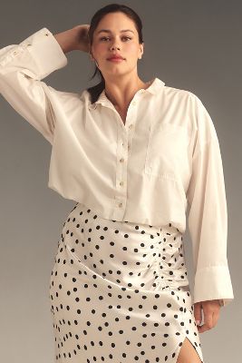 Pilcro Long-sleeve Cropped Bubble-hem Buttondown Shirt In White