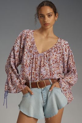 By Anthropologie Long-sleeve Shirred Blouse In Multicolor