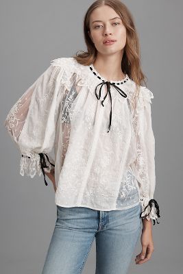 Shop By Anthropologie Coquette Collared Sheer Blouse In White