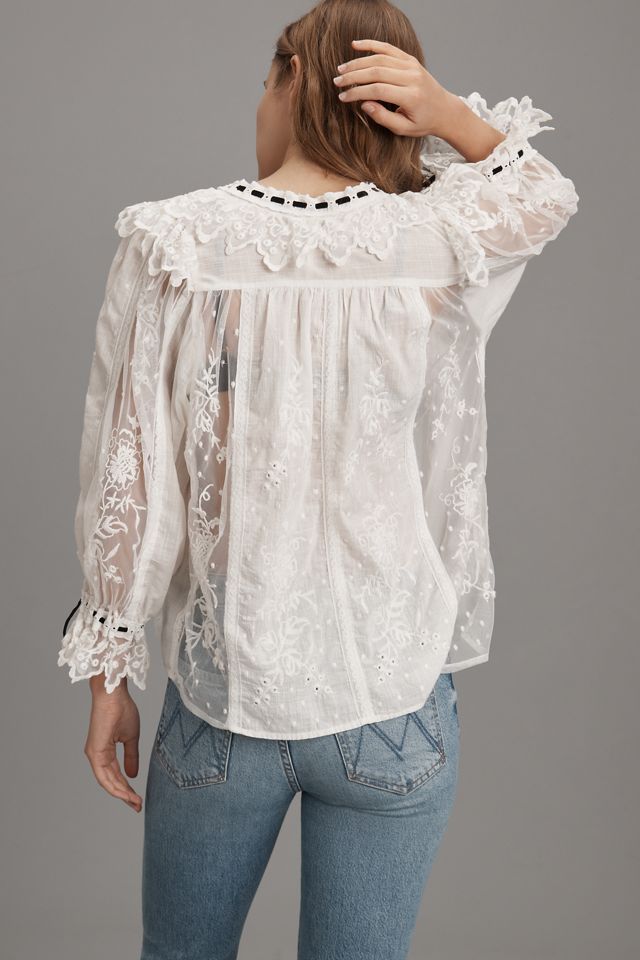 By Anthropologie Coquette Collared Sheer Blouse #1
