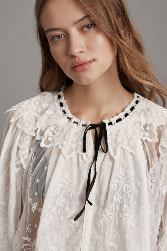 By Anthropologie Coquette Collared Sheer Blouse #4