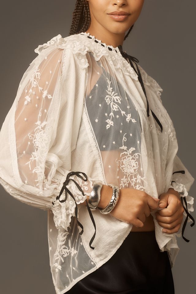 By Anthropologie Coquette Collared Sheer Blouse #7